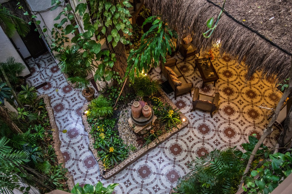 fountain from above at Posada Mariposa