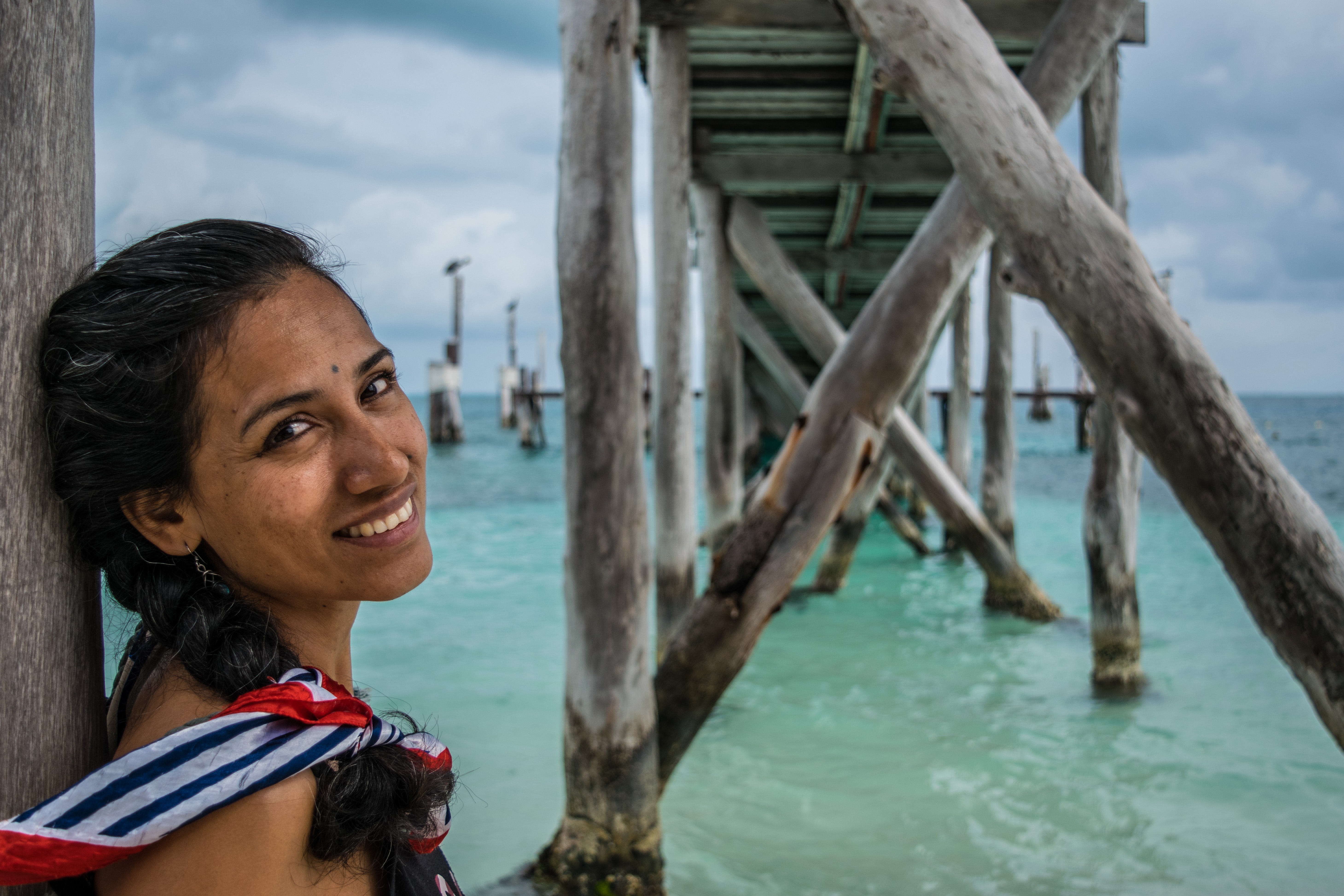 Cris at pier at Playa Tortugas, Cancun