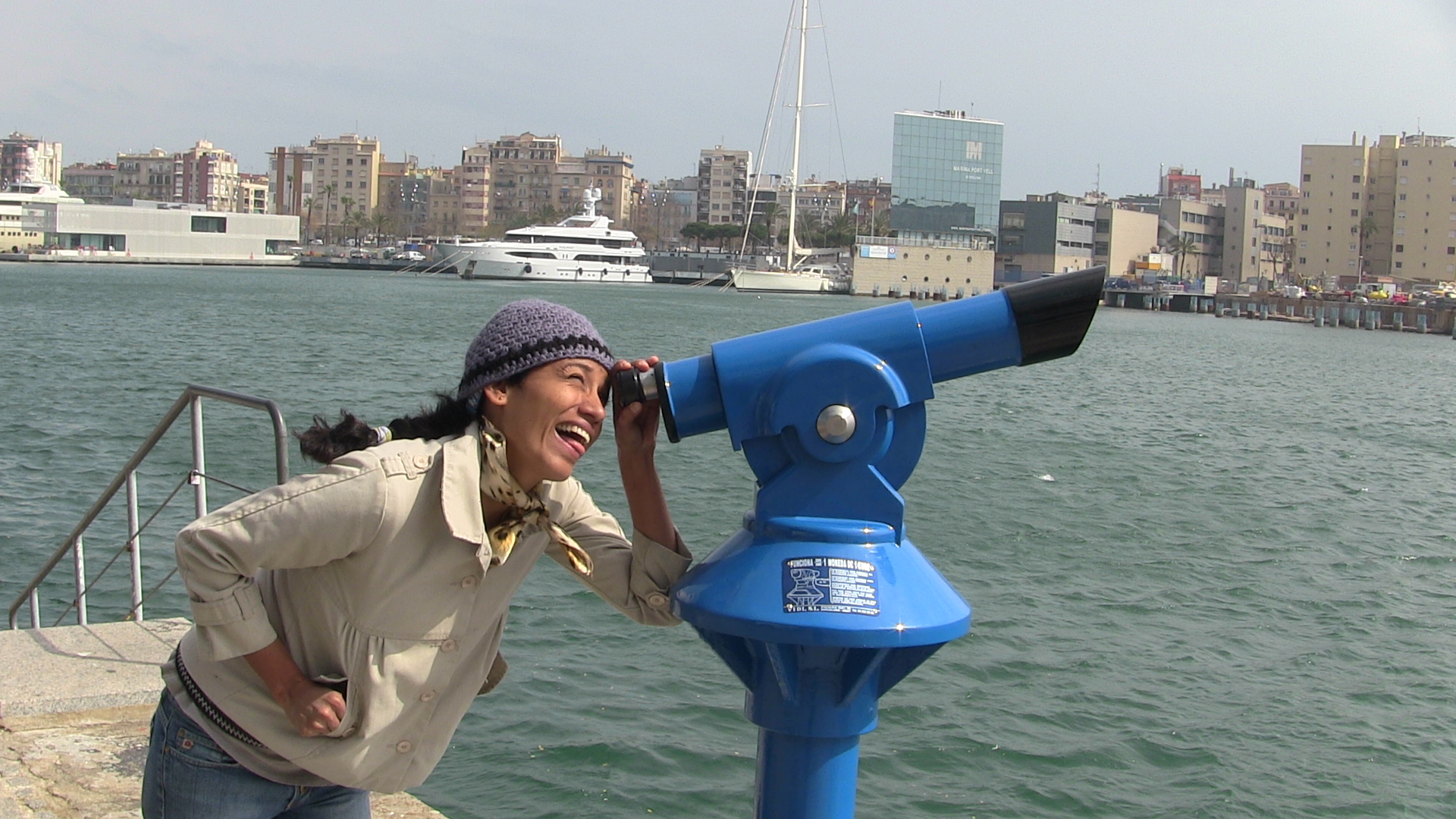 Cris sneeking a peak across the Port of Barcelona