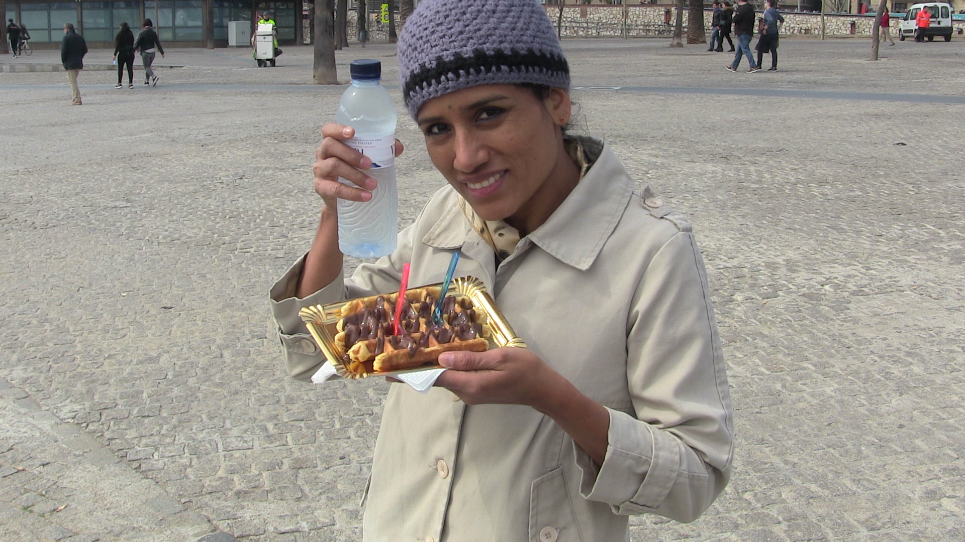 Cris and chocolate waffles in Barcelona